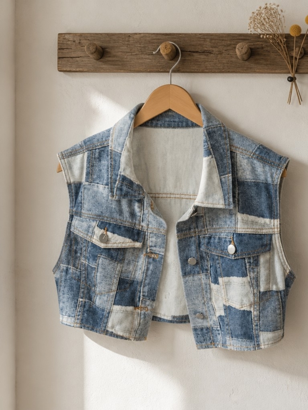 Patchwork Light Blue Denim Vest